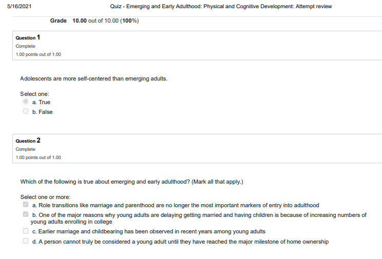 Quiz - Emerging and Early Adulthood: Physical and Cognitive Development